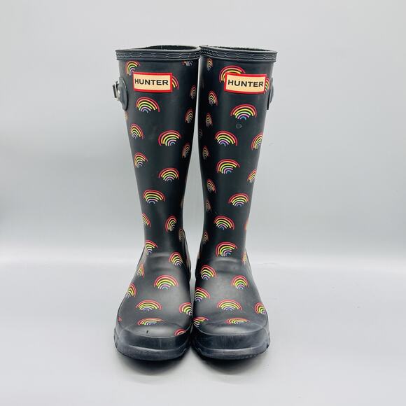 Hunter Boots Kids Girls 1 Black Rainbow Print Tall Wellington Buckle Rain Shoes - Picture 3 of 11
